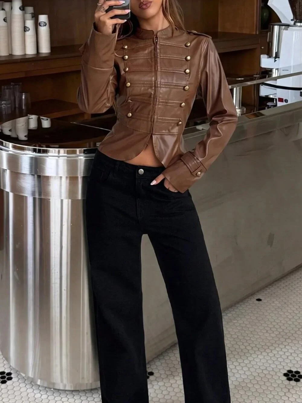 Brown Casual Women's Long Sleeve Zipper Front  Jacket